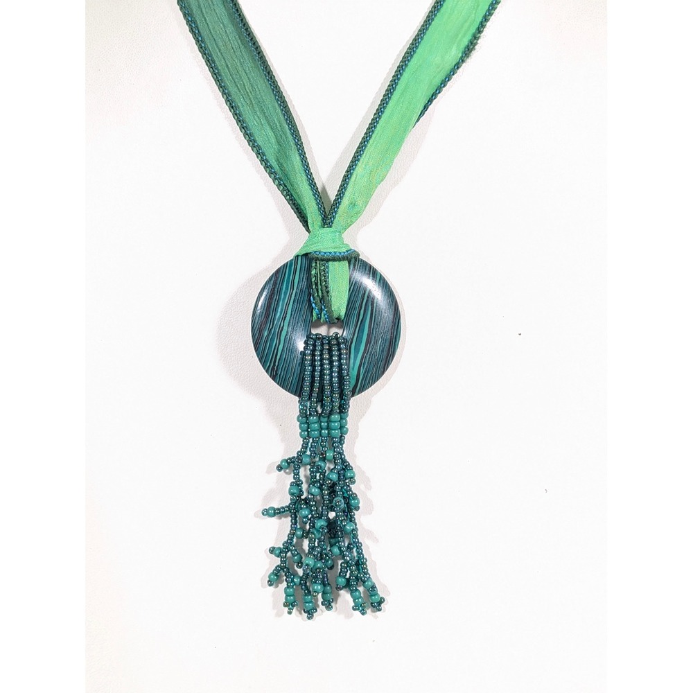 Faux Malachite Pendant Necklace Green Tassel Ribbon Tie‎ Adjustable